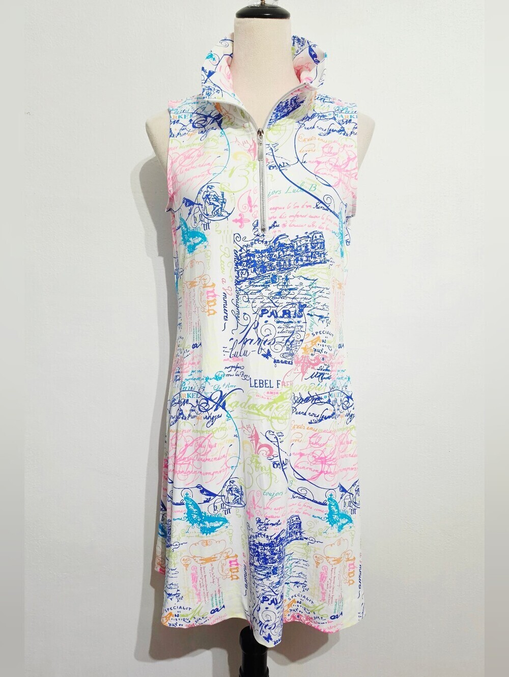Lulu B Dress Small Paris France Print Sleeveless 1/4 Zip Stretch Travel Resort - Picture 3 of 14